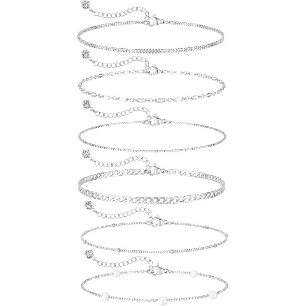 Stylish Silver Plated Bracelets for Women Set of 5 Dainty, Waterproof, Adjustabl